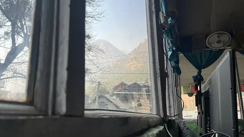 Mountain view through the cafe window
